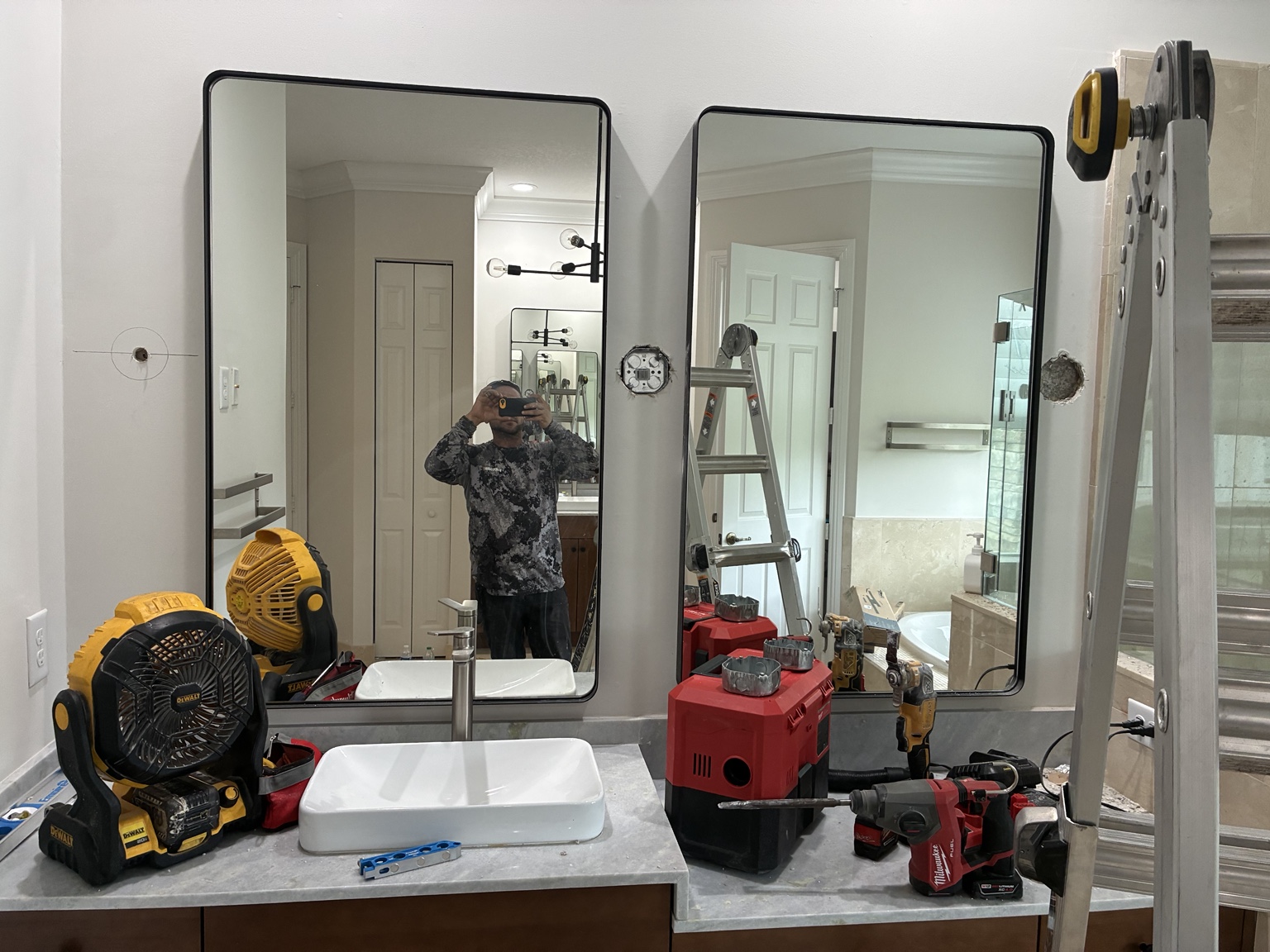Before — double vanity prepared for accent-light installation
